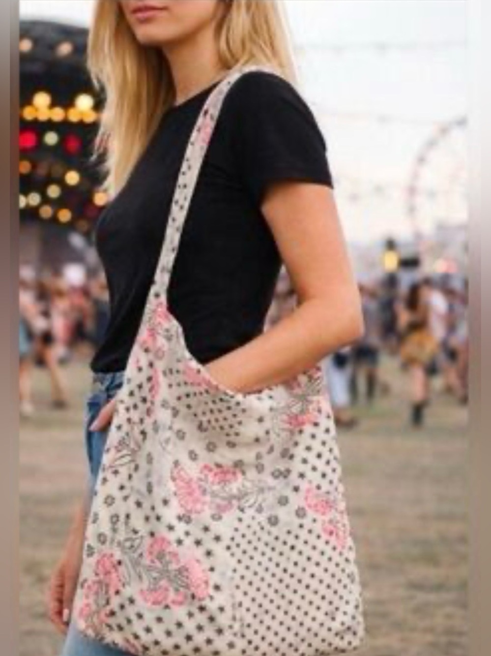 Free People Pink and Cream Floral Polka Dot Shoulder Bag